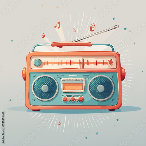 Retro radio with antenna and music notes