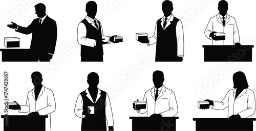 Professional presentation, silhouette illustration, business attire, holding box, occupational roles, workplace concept, gesture demonstration, corporate identity, black and white vector