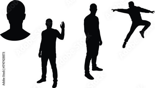Human silhouettes, standing pose, profile view, waving gesture, jumping action, casual stance, body language, people outline, black figure, design element, movement illustration
