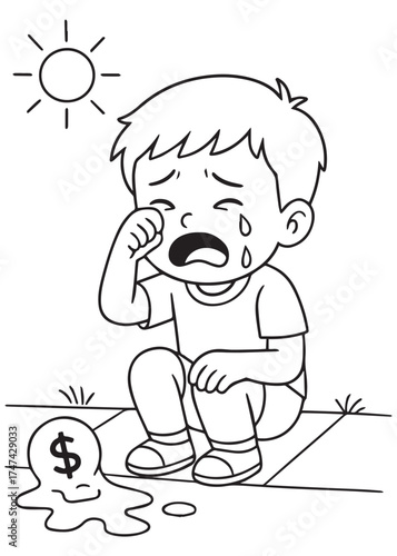 coloring book sad boy crying money melting sun, wallet inflation concept, financial crisis illustration for kids