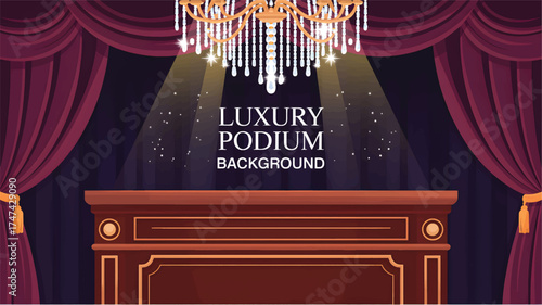 Red velvet curtains and an ornate podium background under a chandelier 