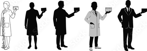 Professional identity, silhouette and line art, holding ID card, lab coat and suit, occupational diversity, black and white vector illustration, workplace concept