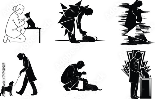 Stylized black and white illustrations of people interacting with dogs, pet care, companionship, training, walking, emotional bonding, artistic dog scenes, animal love