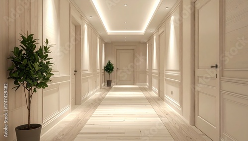 Interior hallway features an elegant, minimalist design with soft lighting illuminating the pale wooden floor and walls, creating a calm and spacious atmosphere.