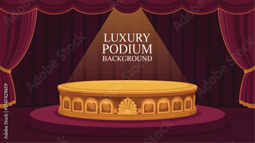 Golden podium background on stage with red curtains and spotlight