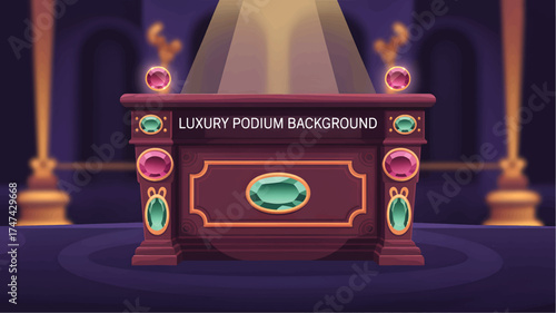Ornate podium background with jewels and a spotlight in a dark hall