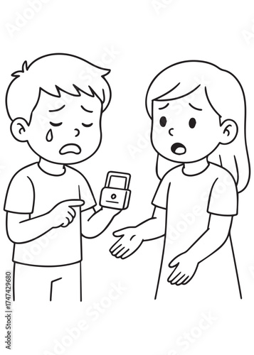 coloring book two kids showing empty wallet with sad faces, concept of poverty stress and money loss