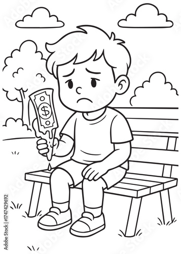 coloring book boy sad with single banknote ice cream sitting on bench, symbol of inflation and financial hardship