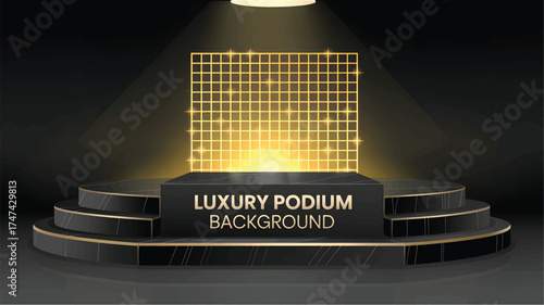 Black and gold tiered podium background with illuminated grid backdrop