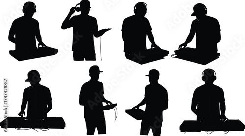 Silhouette of DJ mixing music on turntable, professional disc jockey performing live with headphones, electronic music entertainment illustration