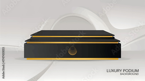 Black and gold tiered podium with abstract background