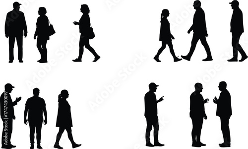 People silhouette conversation, social interaction, communication gesture, group discussion, teamwork posture, black figures, vector art, white background, lifestyle illustration concept
