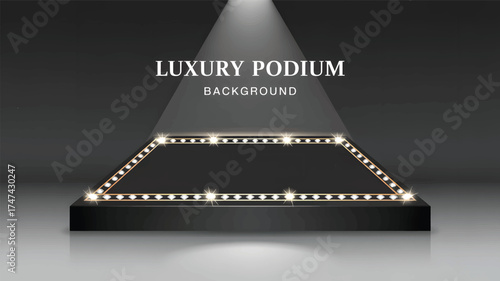 Illuminated black podium with spotlight and text stage background