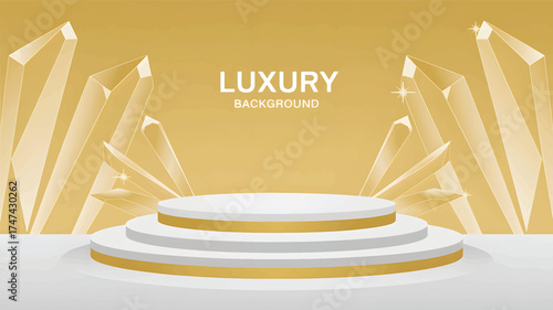 White and gold tiered podium with crystal background