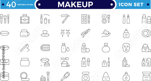 Makeup outline icon set. Sun and Protection icon set. Contains icons sunscreen, ultraviolet, sunglasses, SPF protection, umbrella, sunburn, sun hat and more. Editable stroke outline icon.
