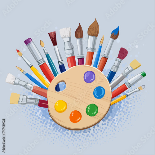Paintbrushes and palette with colorful paint drops