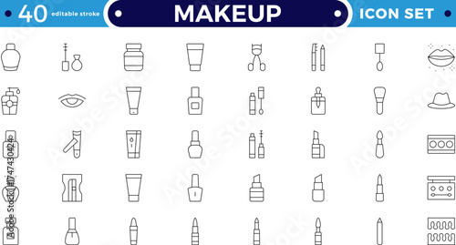 Makeup outline icon set. Sun and Protection icon set. Contains icons sunscreen, ultraviolet, sunglasses, SPF protection, umbrella, sunburn, sun hat and more. Editable stroke outline icon.
