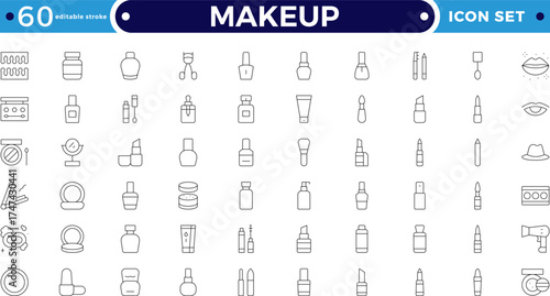Makeup outline icon set. Sun and Protection icon set. Contains icons sunscreen, ultraviolet, sunglasses, SPF protection, umbrella, sunburn, sun hat and more. Editable stroke outline icon.
