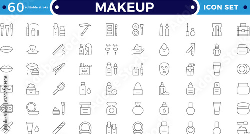 Makeup outline icon set. Sun and Protection icon set. Contains icons sunscreen, ultraviolet, sunglasses, SPF protection, umbrella, sunburn, sun hat and more. Editable stroke outline icon.

