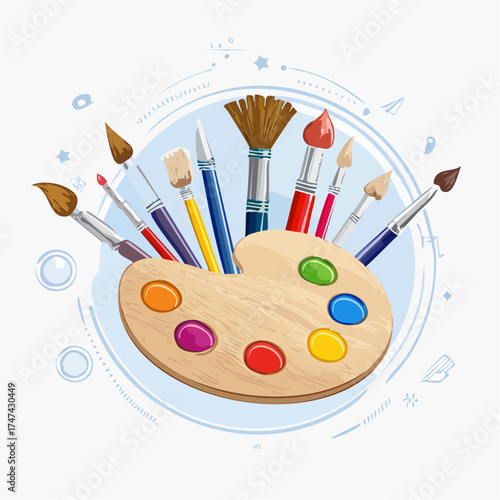 Art supplies palette with brushes for creative projects