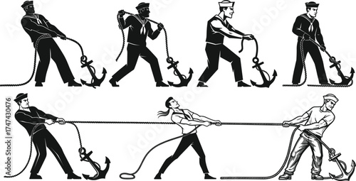 Sailors and athletes pulling ropes, teamwork strength concept, anchor illustration, black and white drawing, muscular effort, unity, struggle, dynamic poses, vintage style