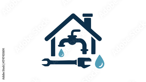 Home plumbing services logo icon featuring faucet wrench and water drops