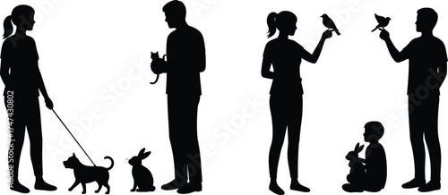 People silhouette with pets, walking dog, holding cat, child with rabbit, bird interaction, black figures, vector art, white background, animal companionship illustration
