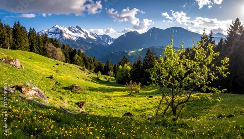 Fototapeta Naklejka Na Ścianę i Meble -  Sunny alpine meadow with mountains