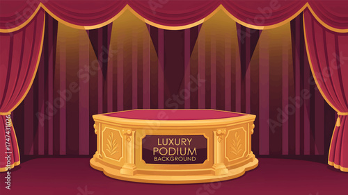 Stage podium with red curtains and golden spotlights
