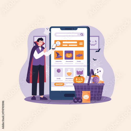 Man in a vampire costume shops online for Halloween decorations and candy using a smartphone application. Vector illustration of spooky holiday preparation