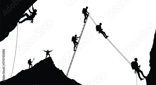 Rock climbing silhouette, mountain climber, rope ascent, rappelling descent, adventure sport, teamwork, black figures, vector art, white background, outdoor lifestyle illustration