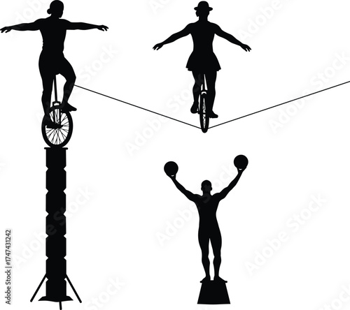 Silhouette circus performers, unicycle balance act, tightrope walking, juggling balls, acrobatic show, extreme coordination, stunt performance, entertainment skill, artistic balance