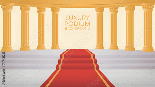 Red carpet leading up steps between golden columns