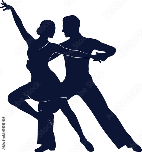 Elegant silhouette of a couple dancing in a passionate embrace on white background
