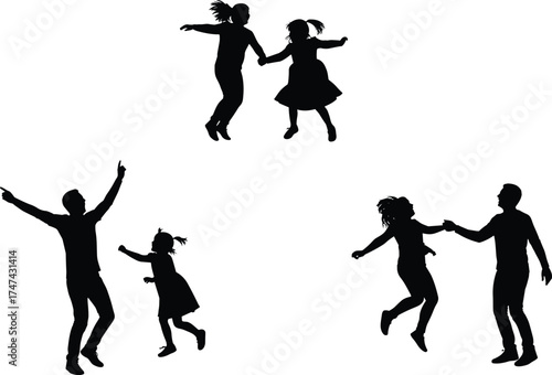 Silhouette family dancing, joyful children jumping, parent child bonding, playful movement, happy lifestyle, expressive figures, family fun, celebration, human connection, motion