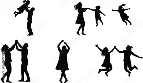 Silhouette family fun, joyful children jumping, parent child bonding, playful lifestyle, happy celebration, expressive figures, dancing silhouettes, family connection, entertainment, motion
