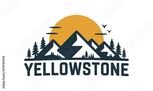 Yellowstone national park logo mountains sun trees birds wilderness adventure symbol