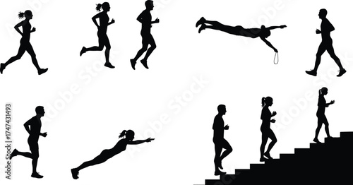 Silhouette fitness exercise, running training, jogging activity, cardio workout, stair climbing, jump rope, athletic movement, healthy lifestyle, endurance sport, physical activity