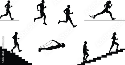 Silhouette fitness exercise, running training, cardio workout, jogging activity, stair climbing, cross country skiing, jump rope, healthy lifestyle, endurance, movement