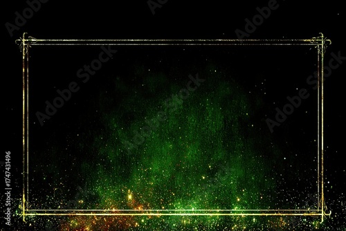 A captivating cosmic background with a glowing golden frame, featuring green and shimmering stars, ideal for artistic projects or digital designs.