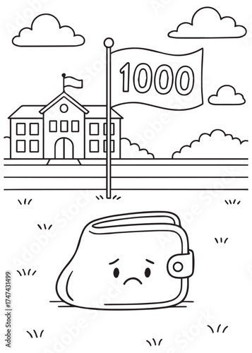 coloring book sad wallet beside school flag 1000 symbolizing expensive education cost and inflation