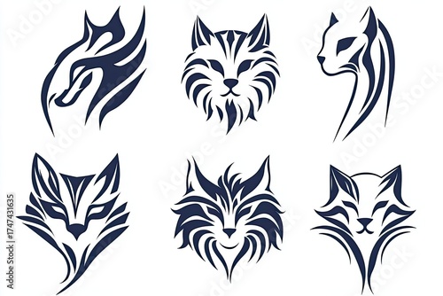 A collection of stylized animal faces, featuring intricate line designs of various wild and domestic cats, in a bold navy blue color against a white background. Ideal for tattoos or graphic Logo