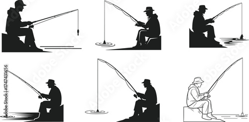 Fishing silhouette illustration, seated anglers with rods, black and white drawing, outdoor activity, water ripples, bait, hooded jacket, hat, peaceful moment