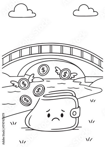 coloring book wallet by river with coins flowing away symbolizing inflation and money loss