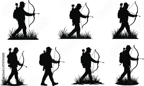 Silhouette archers walking in grass, hunting gear, bows and arrows, outdoor adventure, wilderness trekking, black figures, dynamic motion, minimalist illustration