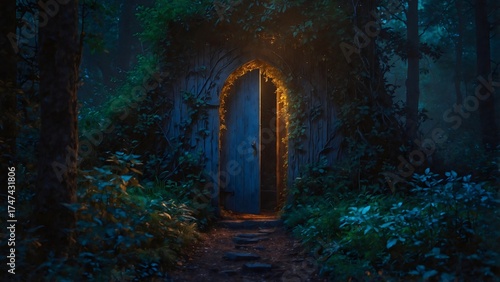 An illuminated portal or door emerges from within a twilight woodland setting, drawing viewers into a dreamlike world, beckoning with mystery and allure.