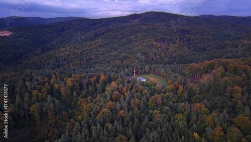 An Aerial View of a Stunning Forest Landscape Featuring a Communication Tower Amid Natures Beauty