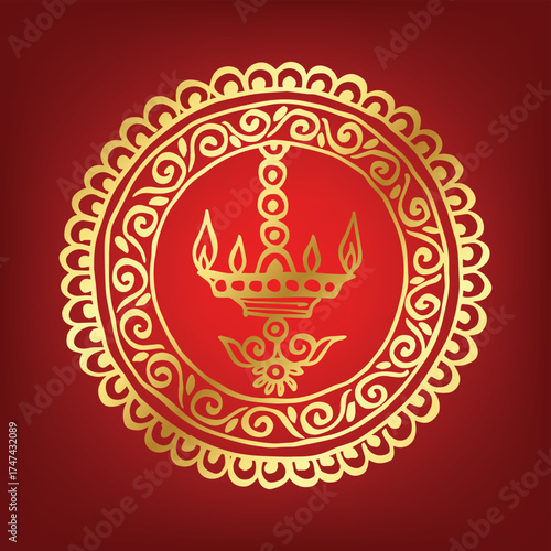 Golden Traditional Indian Oil Lamp Vector Illustration for Diwali Festival