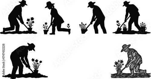 Gardening silhouette, planting flowers, outdoor activity, rural lifestyle, garden tools, horticulture work, traditional gardener, nature care, bending and kneeling poses, springtime labor