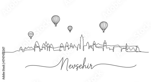 Nevsehir Skyline with Hot Air Balloons Line Art